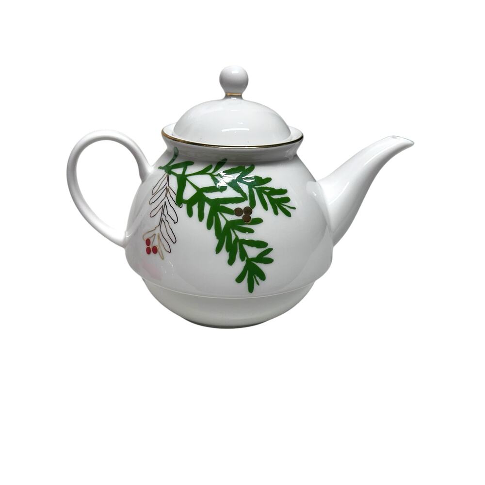 Lenox Merry and Bright Pine and Berry Teapot 24K Gold and Platinum Accents Rare!